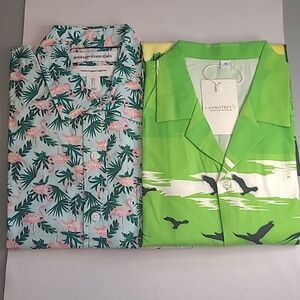 Set of 2 Men's Hawaiian Shirts Sangtree Green Coconut Tree and Tropical Flamingo